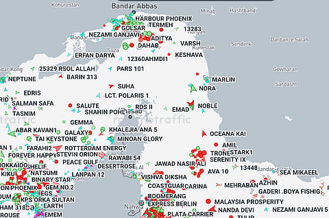 Commercial shipping traffic around the Strait of Hormuz. Photo is a screengrab from tanker tracker Marine Traffic taken at 9.20am GST on July 31, 2026.