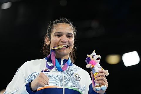 India's Arundhati Choudhary celebrates after winning the women's 70kg boxing final at the Commonwealth Games in Glasgow, Scotland, Saturday, Aug. 1, 2026.