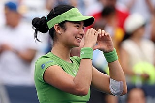 Alexandra Eala of the Philippines celebrates after winning a women's singles match against Naomi Osaka of Japan on day six of the Mubadala DC Open 2026 at William H.G. FitzGerald Tennis Center on August 01, 2026 in Washington, DC.  