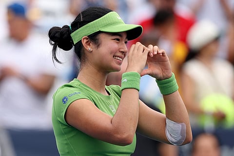 Alexandra Eala of the Philippines celebrates after winning a women's singles match against Naomi Osaka of Japan on day six of the Mubadala DC Open 2026 at William H.G. FitzGerald Tennis Center on August 01, 2026 in Washington, DC.  