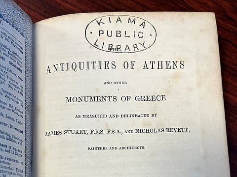 A page of the book "Antiquities of Athens," stamped by a library, after its return in Kiama, Australia, an estimated 150 years late.