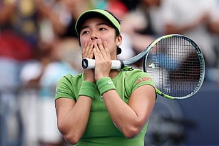 Alexandra Eala of the Philippines celebrates after winning a women's singles match against Naomi Osaka of Japan on day six of the Mubadala DC Open 2026 at William H.G. FitzGerald Tennis Center on August 01, 2026 in Washington, DC.