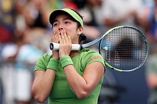 Alexandra Eala of the Philippines celebrates after winning a women's singles match against Naomi Osaka of Japan on day six of the Mubadala DC Open 2026 at William H.G. FitzGerald Tennis Center on August 01, 2026 in Washington, DC. 