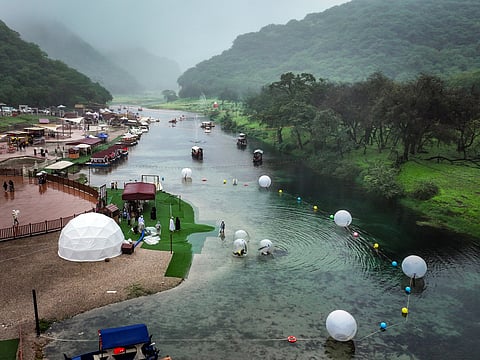 An aerial picture shows a touristic spot on the Wadi Darbat lake in the region of Dhofar, near Oman's Salalah city.