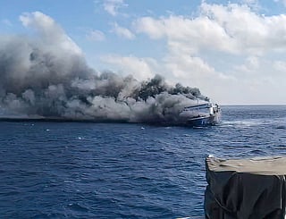 Passenger ship Mutiara Sentosa 2 catching fire in the waters off Madura island, East Java.