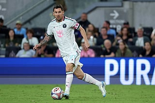 Lionel Messi #10 of Inter Miami CF controls the ball during the MLS match between Inter Miami CF and Columbus Crew at Nu Stadium on August 01, 2026 in Miami, Florida.