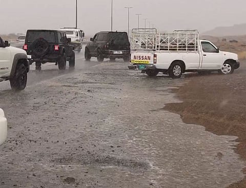 Heavy rain falls on Al Maliha Road and Khor Fakkan Road in Sharjah on Monday.