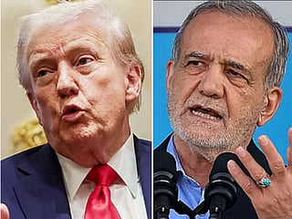 A combo photo shows US President Donald Trump and Iranian President Masoud Pezeshkian.