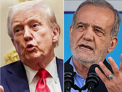 A combo photo shows US President Donald Trump and Iranian President Masoud Pezeshkian.