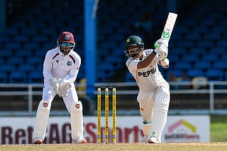 Babar Azam of Pakistan hits 4 during the second day of the second Test match between West Indies and Pakistan at Queen's Park Oval in Port of Spain, Trinidad and Tobago, on August 3, 2026.