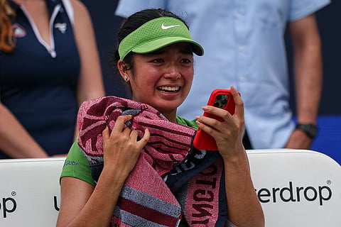 Alexandra Eala of the Philippines reacts after winning the women's singles championship match against Jessica Pegula of the United States on the final day of the Mubadala DC Open 2026 at William H.G. FitzGerald Tennis Center on August 3, 2026 in Washington, DC. 