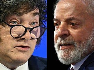 This combination of pictures created on August 02, 2026 shows Argentina’s President Javier Milei speaking during the World Economic Forum (WEF) annual meeting in Davos on January 21, 2026, and Brazil's President Luiz Inacio Lula da Silva speaking during an event to highlight accomplishments in the first two years in office in Brasilia on April 3, 2025.