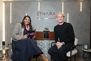 David Powell, Chief Strategy and Business Development Officer at Ethara, with The Hustle host and Gulf News Entertainment, Lifestyle and Sports Editor Manjusha Radhakrishnan at Etihad Arena, Abu Dhabi.