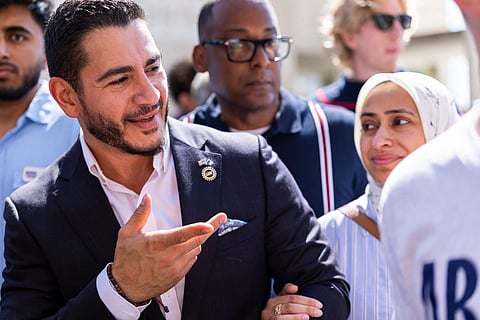 Michigan Democratic Senate primary winner Abdul El Sayed leaves after holding a press conference in front of the Spirit of Detroit statue on August 05, 2026 in Detroit, Michigan.