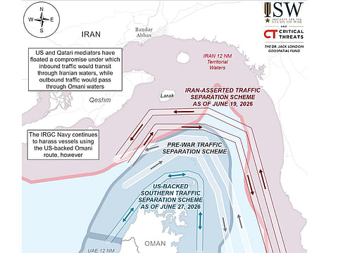 Map from the Institute for the Study of War (ISW) and Critical Threats Project showing competing maritime traffic separation schemes in the Strait of Hormuz as August 4, 2026.