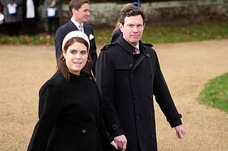 FILE - Britain's Princess Eugenie and husband Jack Brooksbank leave after attending the Christmas day service at St Mary Magdalene Church in Sandringham in Norfolk, England, Dec. 25, 2023.(AP Photo/Kin Cheung, File)