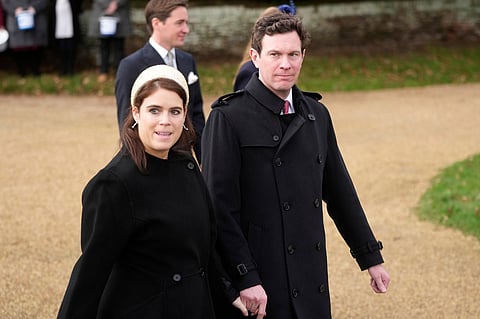 FILE - Britain's Princess Eugenie and husband Jack Brooksbank leave after attending the Christmas day service at St Mary Magdalene Church in Sandringham in Norfolk, England, Dec. 25, 2023.(AP Photo/Kin Cheung, File)