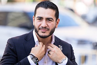 Michigan Democratic Senate primary winner Abdul El-Sayed arrives to a press conference in front of the Spirit of Detroit statue on August 05, 2026 in Detroit, Michigan.