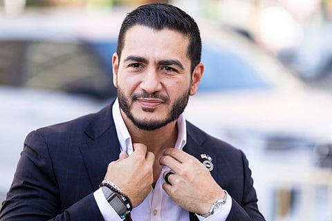 Michigan Democratic Senate primary winner Abdul El-Sayed arrives to a press conference in front of the Spirit of Detroit statue on August 05, 2026 in Detroit, Michigan.