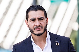 Michigan Democratic Senate primary winner Abdul El-Sayed arrives to a press conference in front of the Spirit of Detroit statue on August 05, 2026 in Detroit, Michigan.