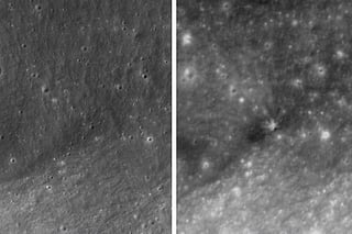 This combination of images provided by NASA and the Korea Aerospace Research Institute shows an area of the moon's surface before, left, Oct. 1, 2015, and after, right, Wednesday, Aug. 5, 2026, a SpaceX rocket segment collided with the moon. (NASA, Korea Aerospace Research Institute via AP)