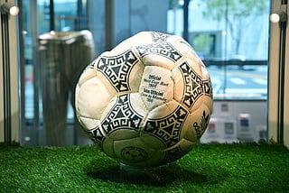 The ball that was used in the 1986 World Cup match between Argentina and England during which Argentina's Diego Maradona scored the 'Hand of God' goal is displayed before auction at Heritage Auctions in Beverly Hills, California, on August 7, 2026.