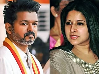 A combo image of Tamil Nadu Chief Minister Vijay and his wife, Sangeetha.