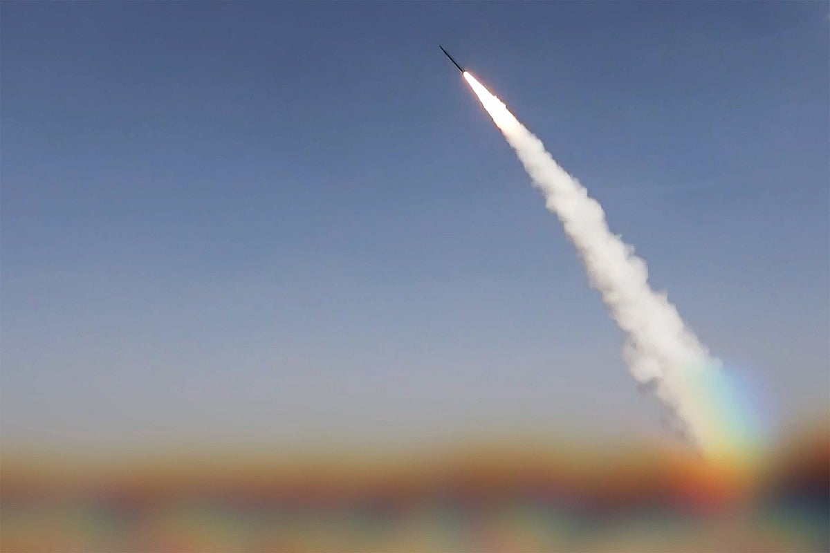 A missile being launched towards what the Houthi authorities said were Saudi troop concentrations and weapons depots at Mokha port in western Yemen, August 9, 2026.