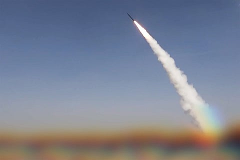 A missile being launched towards what the Houthi authorities said were Saudi troop concentrations and weapons depots at Mokha port in western Yemen, August 9, 2026.