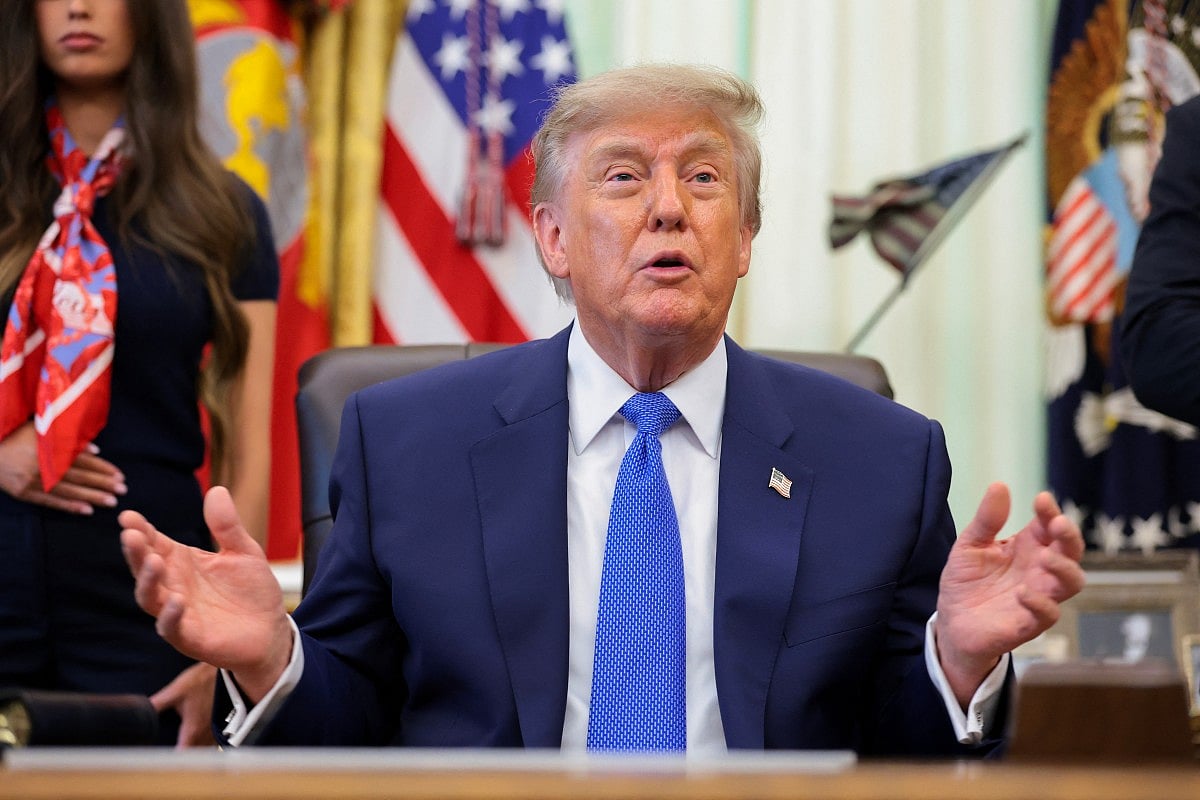 President Donald Trump speaks to reporters during an event in the Oval Office of the White House on August 10, 2026 in Washington, DC.
