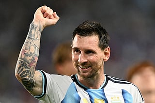 Argentina's forward #10 Lionel Messi celebrates after winning the 2026 World Cup round of 32 football match between Argentina and Cape Verde at the Miami Stadium in Miami Gardens on July 3, 2026.