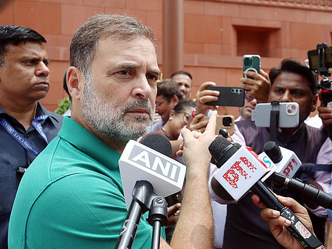 Congress leader and Lok Sabha LoP Rahul Gandhi addresses a gathering during the Rachnatmak Congress National Convention event, in New Delhi on Thursday. 