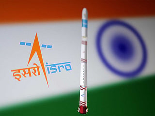 Small Satellite Launch Vehicle (SSLV), the Indian Space Research Organisation (ISRO) logo and the Indian flag are depicted in this illustration. 