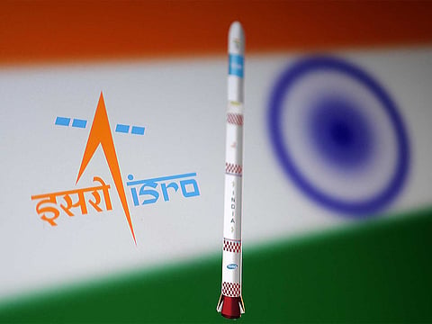Small Satellite Launch Vehicle (SSLV), the Indian Space Research Organisation (ISRO) logo and the Indian flag are depicted in this illustration. 
