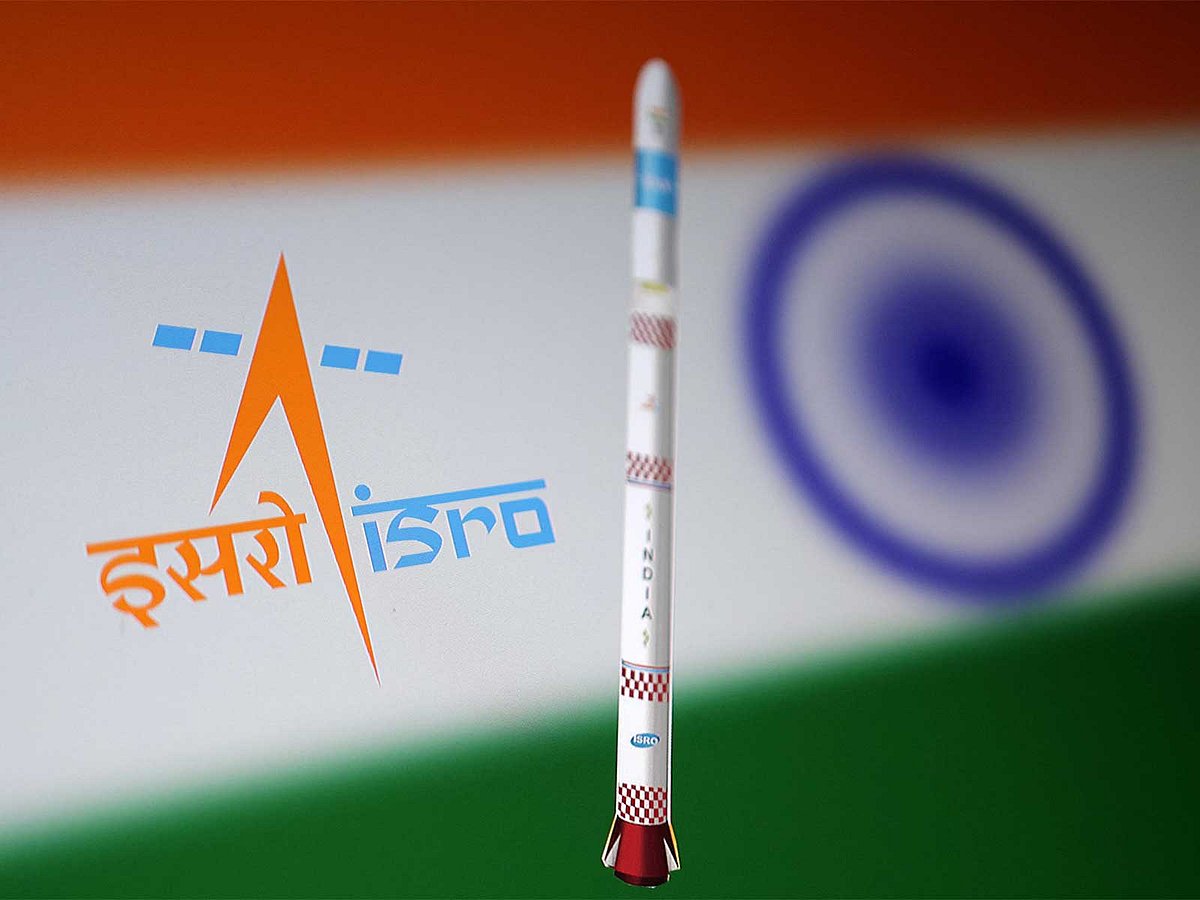 Small Satellite Launch Vehicle (SSLV), the Indian Space Research Organisation (ISRO) logo and the Indian flag are depicted in this illustration. 