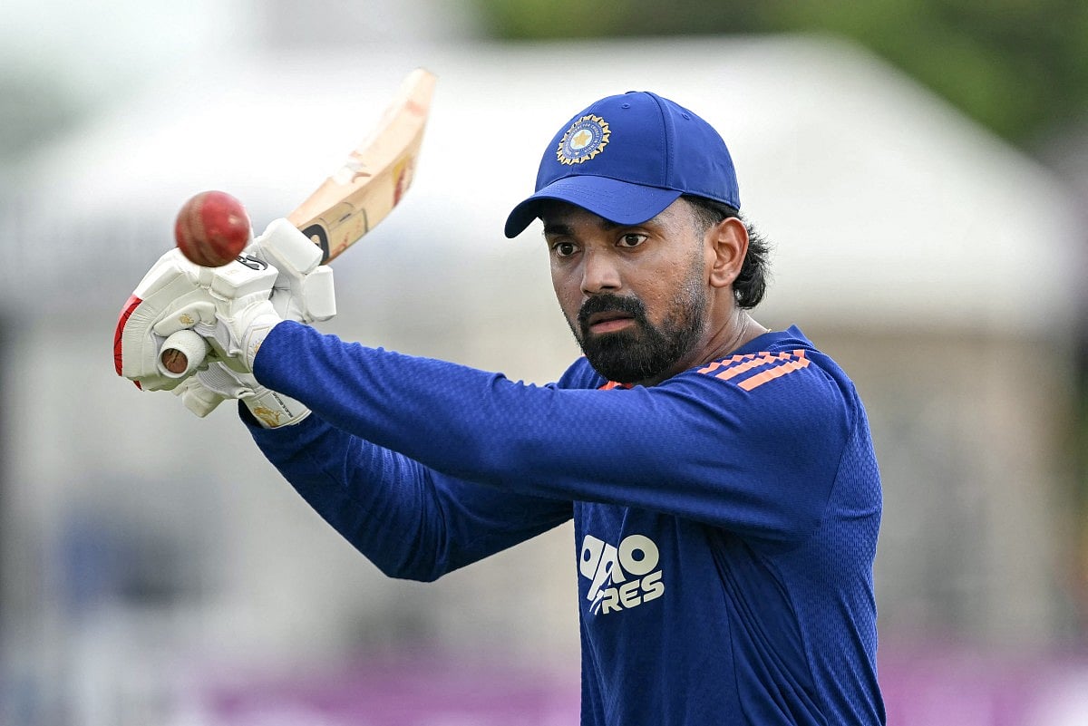 India's KL Rahul warms up before the start of play on second day of the first Test cricket match between Sri Lanka and India at the Galle International Stadium in Galle on August 16, 2026.