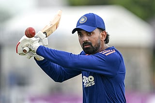 India's KL Rahul warms up before the start of play on second day of the first Test cricket match between Sri Lanka and India at the Galle International Stadium in Galle on August 16, 2026.