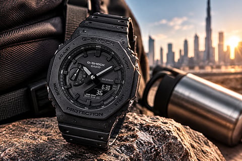 Casio G-Shock GA 2100 in rugged style with a city backdrop