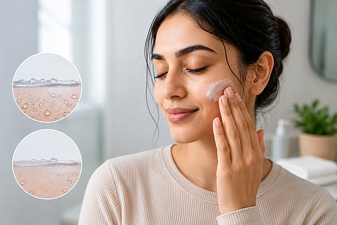 A woman applying moisturiser to damp skin, highlighting how moisture helps support hydration.
