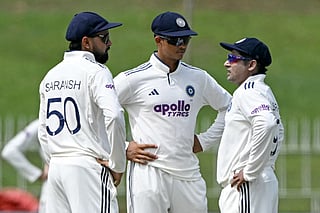 India's Saransh Jain (L), Yashasvi Jaiswal (C), and Sarfaraz Khan speak during the third day of the second Test cricket match between Sri Lanka and India at the Sinhalese Sports Club Ground in Colombo on August 25, 2026.