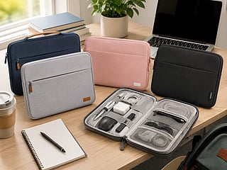 Laptop sleeves and a tech organiser arranged with everyday student essentials.