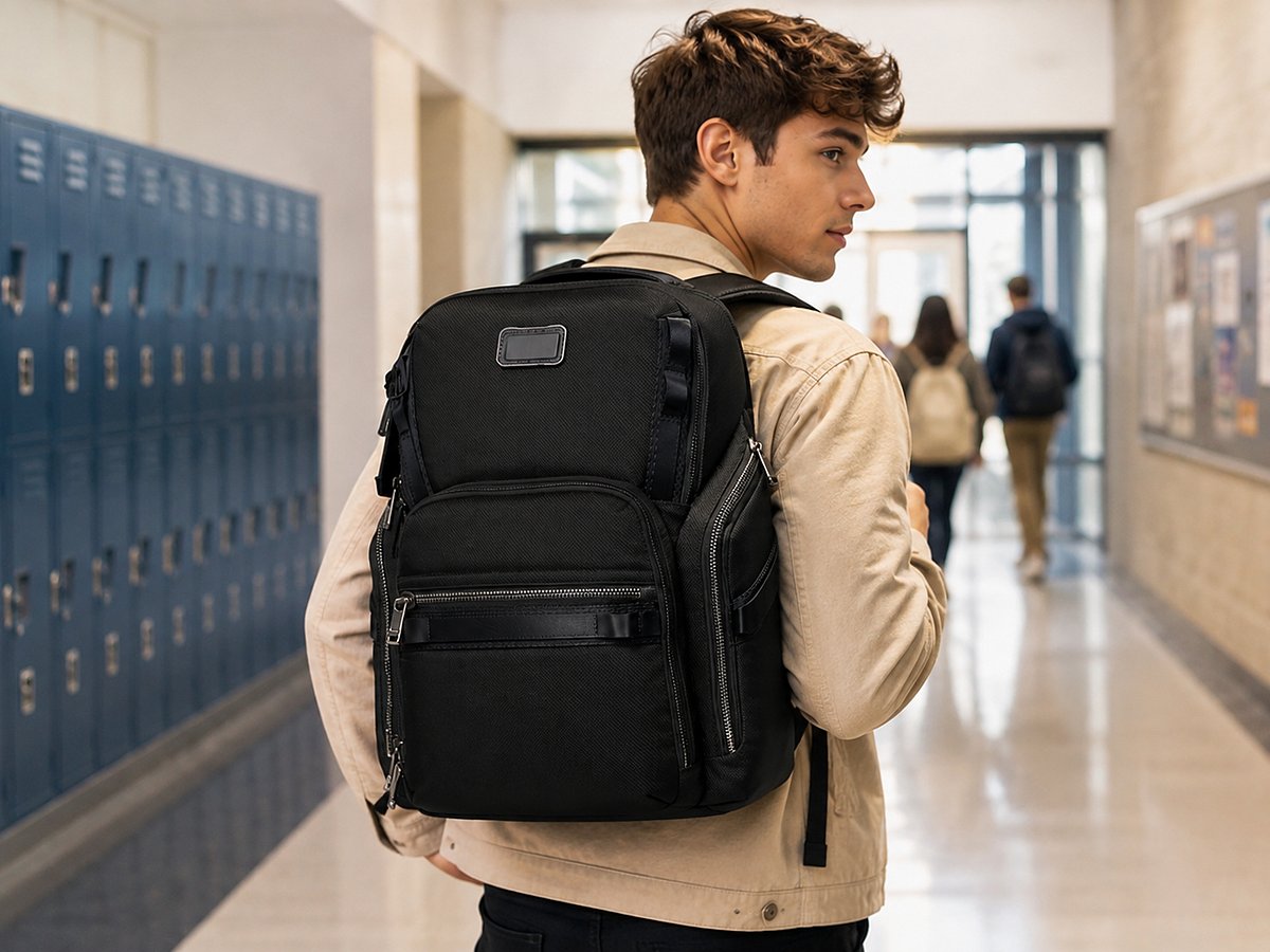Student carrying a Black Tumi Alpha backpack through a school hallway