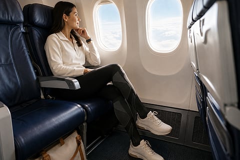 A passenger wearing compression socks while seated on a long flight