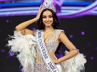 Kaziah Liz Mejo from Kerala after being crowned as Miss Universe India 2026, in Jaipur on Sunday.