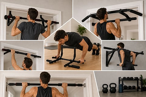 Home workout using different doorway pull-up bar setups