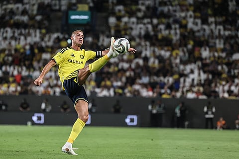 Nassr's Portuguese forward #07 Cristiano Ronaldo controls the ball during the Saudi Pro League football match between Al-Nassr and Al-Taawoun at the Al-Awwal Park in Riyadh on August 28, 2026.