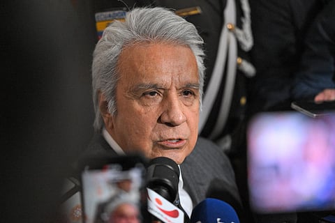 Ecuador's former president (2017–2021) Lenin Moreno speaks with the media as he leaves the National Court of Justice over a corruption case in Quito, on May 11, 2026.
