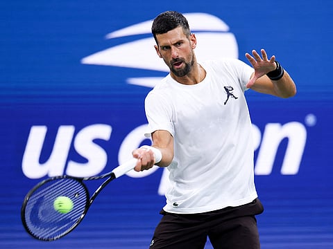 Novak Djokovic of Serbia practices against Denis Shapovalov of Canada during Fan Week as part of the 2026 US Open at USTA Billie Jean King National Tennis Center on August 27, 2026 in New York City. 
