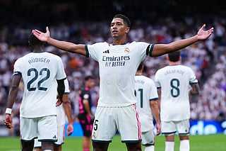 Real Madrid's Jude Bellingham celebrates after Malaga's own goal during the La Liga soccer match between Real Madrid and Malaga in Madrid, Spain, Sunday, Aug. 30, 2026. (AP Photo/Manu Fernandez)