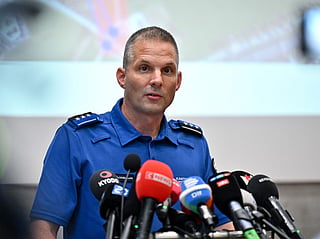 Head of Operations in Aargau Canton Police, Matthias Schildknecht delivers a press conference in Schafisheim, northern Switzerland on 30 August 2026, following a shooting at a rave in Aarau.